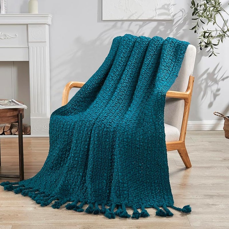 Dark Teal Chunky Knit Throw Blanket 50x60 Inches Hand Knitted Soft Yarn With Braided Tassels - Image 5
