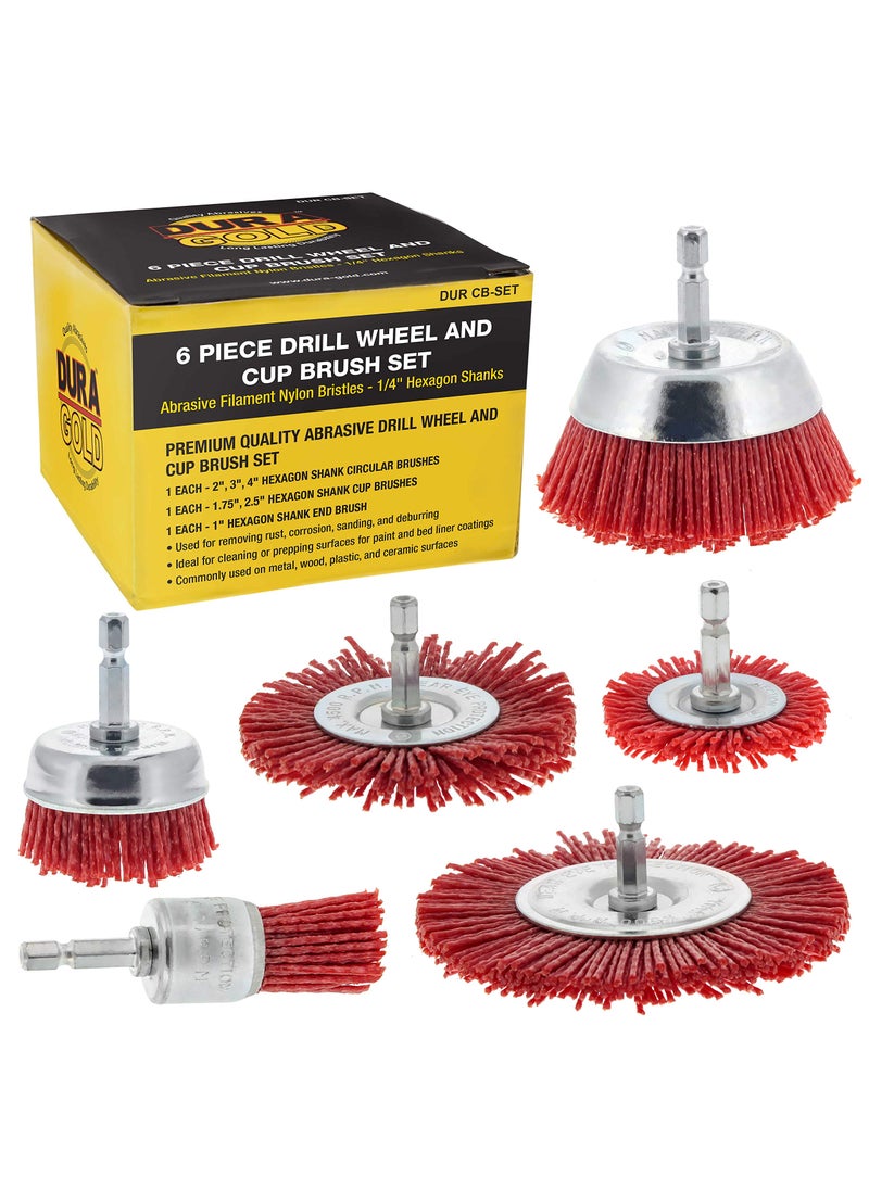 Dura-Gold Dura-Gold 6 Piece Abrasive Filament Nylon Wire Bristle Drill Wheel and Cup Brush Set - Coarse Sanding Scuffing, 1/4" Drill Shank - Remove Rust, Corrosion, Paint - Surface Prep Truck Bed Liner Coating  - Image 1