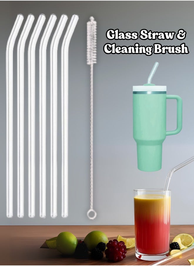 Generic Ahlan Pack of 6 Reusable Glass Straws –  Transparent Drinking Straws with 1 Cleaning Brush - Glass straws for tumbler cups - For Glass – Eco-Friendly Borosilicate Glass, BPA-Free, Durable & Dishwasher Safe – For Smoothies, Juices, Iced Coffee, and Cold Drinks  - Image 1