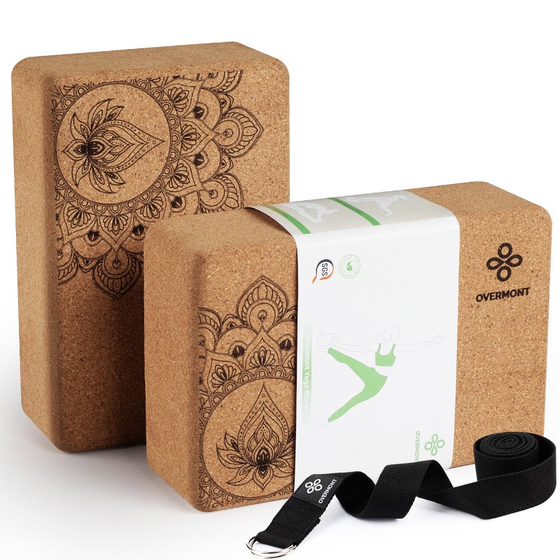 Overmont Overmont Cork Yoga Blocks 2 pack with 8ft Strap Set Natural Cork Yoga Bricks- High Density & Eco Friendly Yoga Accessories for Women - Ideal for Yoga Pilates General Fitness and Stretching 9x6x3'' - Image 1