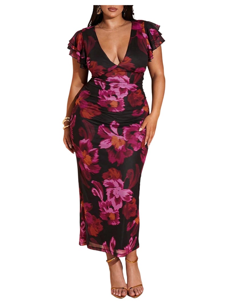 BEAUDRM Women's Plus Size Cocktail Floral Maxi Dress Deep V Ruffle Short Sleeve Bodycon Mesh Wedding Guest Party Dresses Pink 3X-Large Plus - Image 1