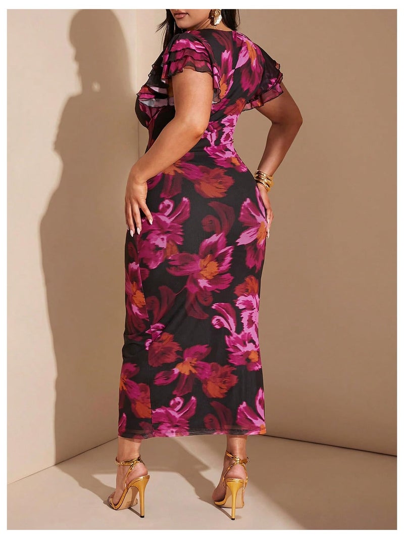 BEAUDRM Women's Plus Size Cocktail Floral Maxi Dress Deep V Ruffle Short Sleeve Bodycon Mesh Wedding Guest Party Dresses Pink 3X-Large Plus - Image 2