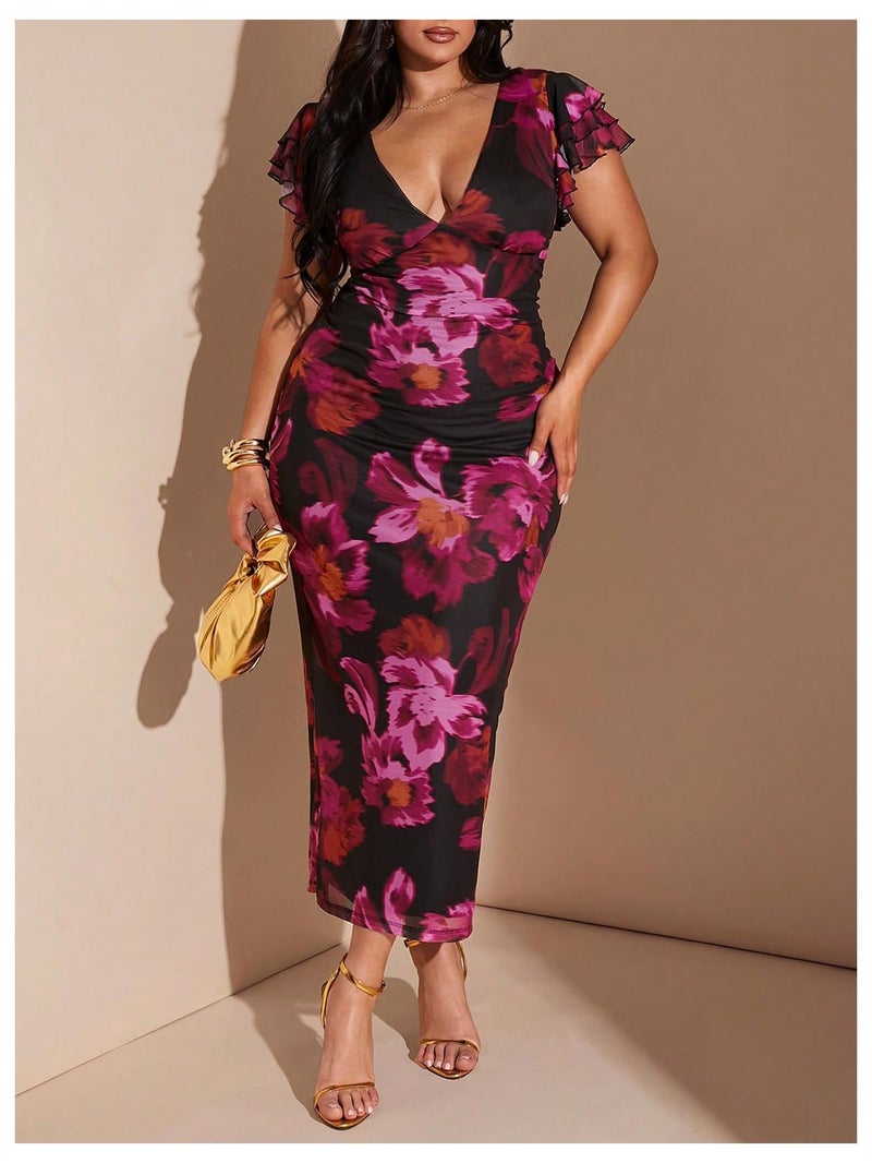 BEAUDRM Women's Plus Size Cocktail Floral Maxi Dress Deep V Ruffle Short Sleeve Bodycon Mesh Wedding Guest Party Dresses Pink 3X-Large Plus - Image 4