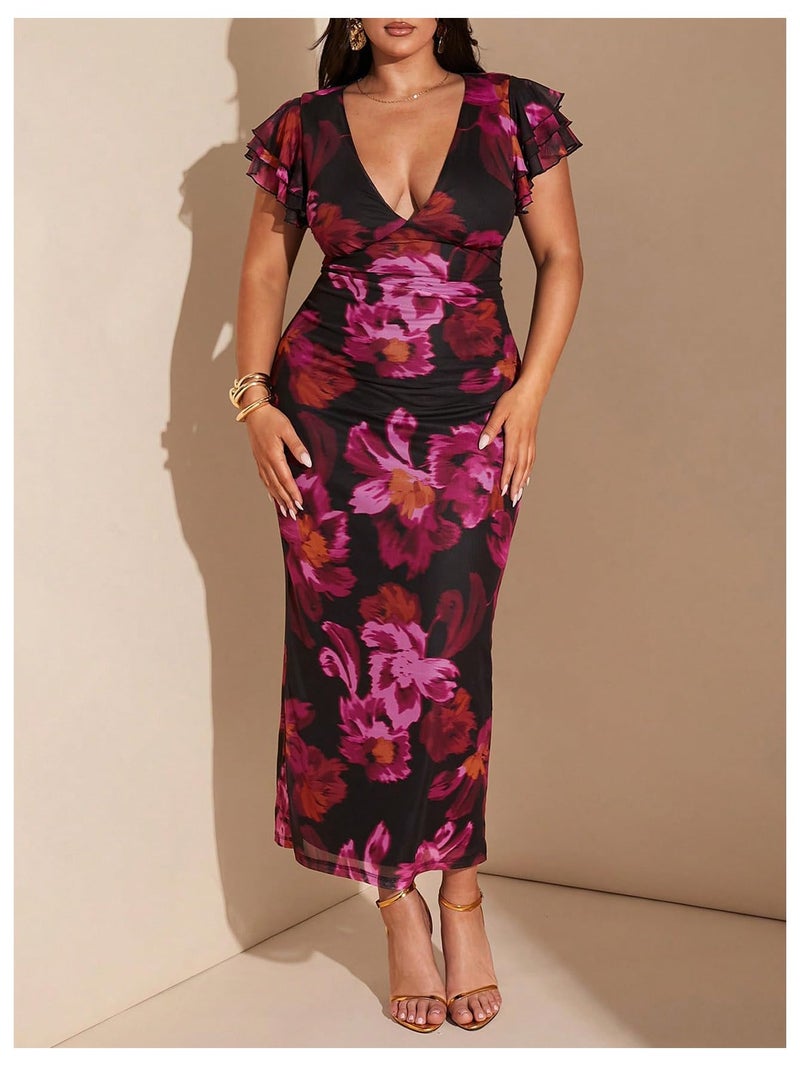 BEAUDRM Women's Plus Size Cocktail Floral Maxi Dress Deep V Ruffle Short Sleeve Bodycon Mesh Wedding Guest Party Dresses Pink 3X-Large Plus - Image 3