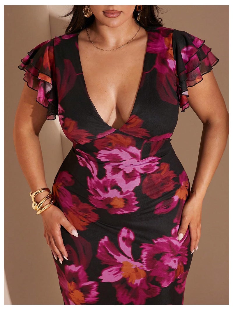 BEAUDRM Women's Plus Size Cocktail Floral Maxi Dress Deep V Ruffle Short Sleeve Bodycon Mesh Wedding Guest Party Dresses Pink 3X-Large Plus - Image 5