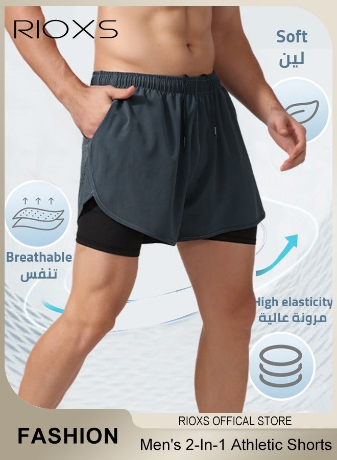 ريوكس شورت ركض 2 في 1 للرجال، شورت رياضي سريع الجفاف للرجال، خفيف الوزن مع بطانة، شورت رياضي مرن ومرن مع جيب، لا يتلاشى ولا يتشوه، مناسب للصالة الرياضية والركض واليوغا وكرة السلة والسفر في الهواء الطلق، إلخ، رمادي - Image 3