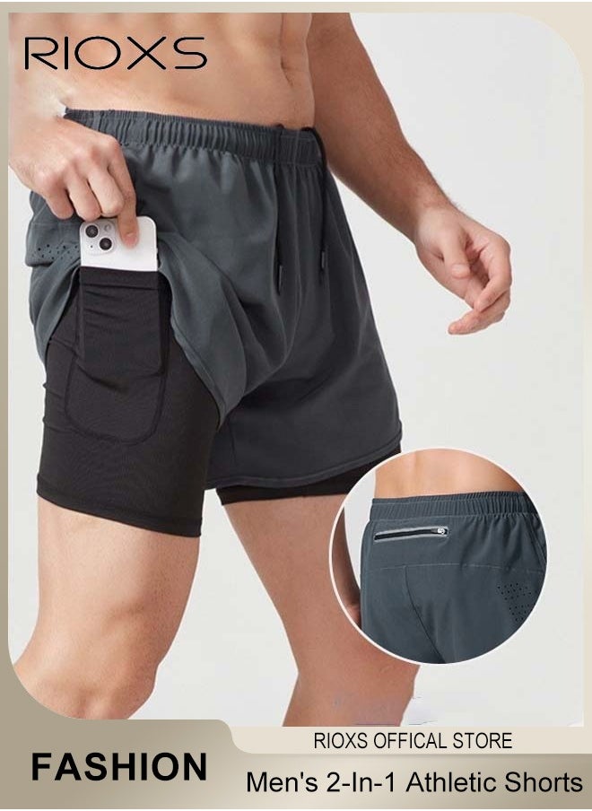 RIOXS - Men's 2-In-1 Athletic Running Shorts, Lightweight Sportwear Quick-Drying Shorts, Fitness Stretch Sports Shorts with Pocket, No Fading, No Deformation - Image 1