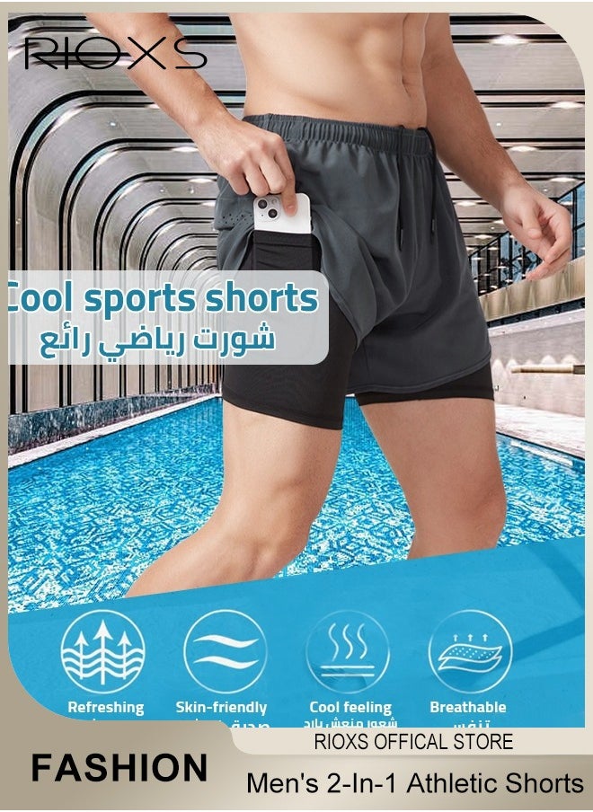 RIOXS - Men's 2-In-1 Athletic Running Shorts, Lightweight Sportwear Quick-Drying Shorts, Fitness Stretch Sports Shorts with Pocket, No Fading, No Deformation - Image 1