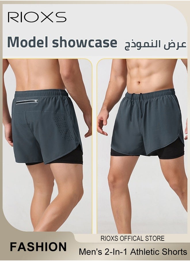 RIOXS - Men's 2-In-1 Athletic Running Shorts, Lightweight Sportwear Quick-Drying Shorts, Fitness Stretch Sports Shorts with Pocket, No Fading, No Deformation - Image 1