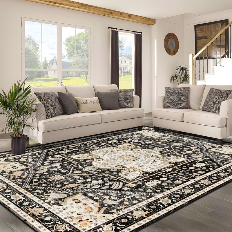 MUJOO 8x10 Area Rugs,Black Washable Rugs for Living Room Bedroom,Large Boho Non Slip Carpet Indoor,Vintage Soft Black and Gold Floral Rug - Image 3