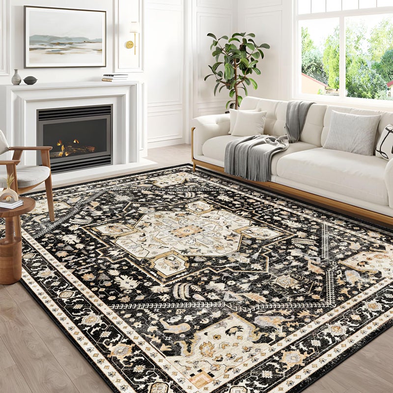 MUJOO 8x10 Area Rugs,Black Washable Rugs for Living Room Bedroom,Large Boho Non Slip Carpet Indoor,Vintage Soft Black and Gold Floral Rug - Image 1