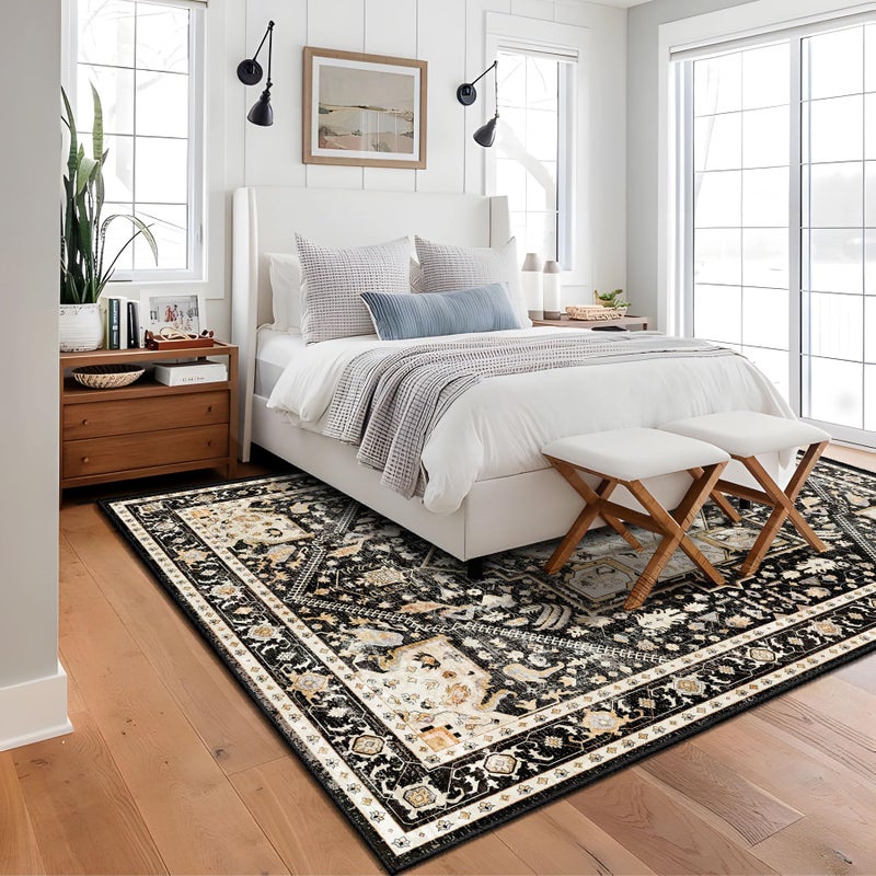 MUJOO 8x10 Area Rugs,Black Washable Rugs for Living Room Bedroom,Large Boho Non Slip Carpet Indoor,Vintage Soft Black and Gold Floral Rug - Image 2