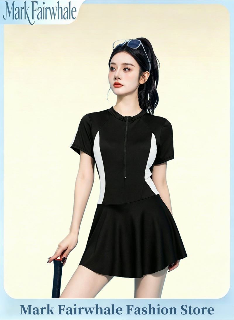 Mark Fairwhale New Spliced Short Sleeved Front Zipper One-Piece Skirt Swimsuit - Image 1