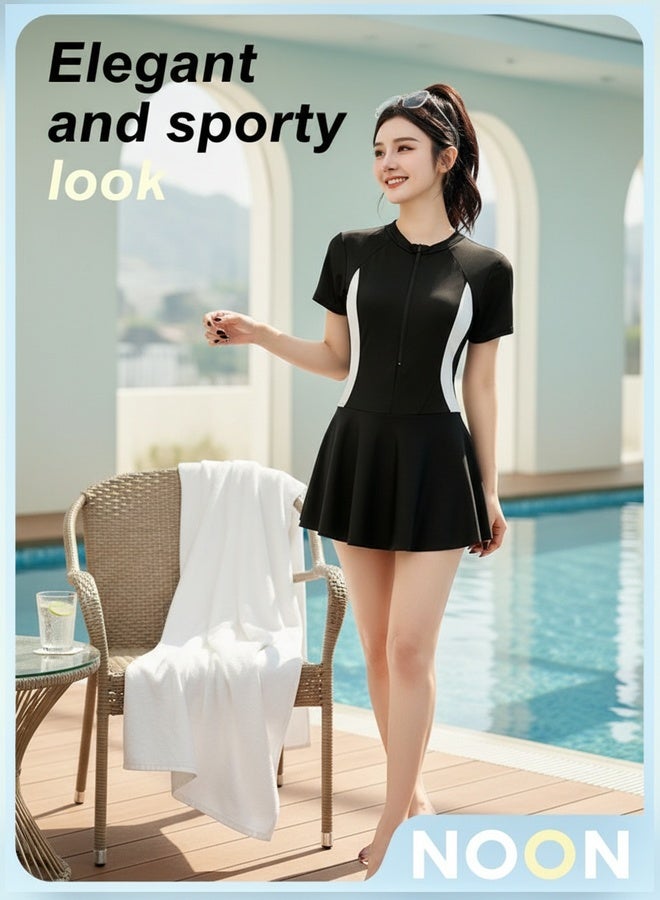 Mark Fairwhale New Spliced Short Sleeved Front Zipper One-Piece Skirt Swimsuit - Image 5