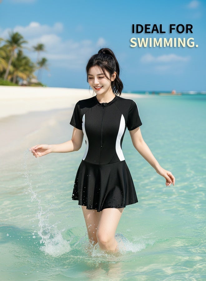 Mark Fairwhale New Spliced Short Sleeved Front Zipper One-Piece Skirt Swimsuit - Image 2