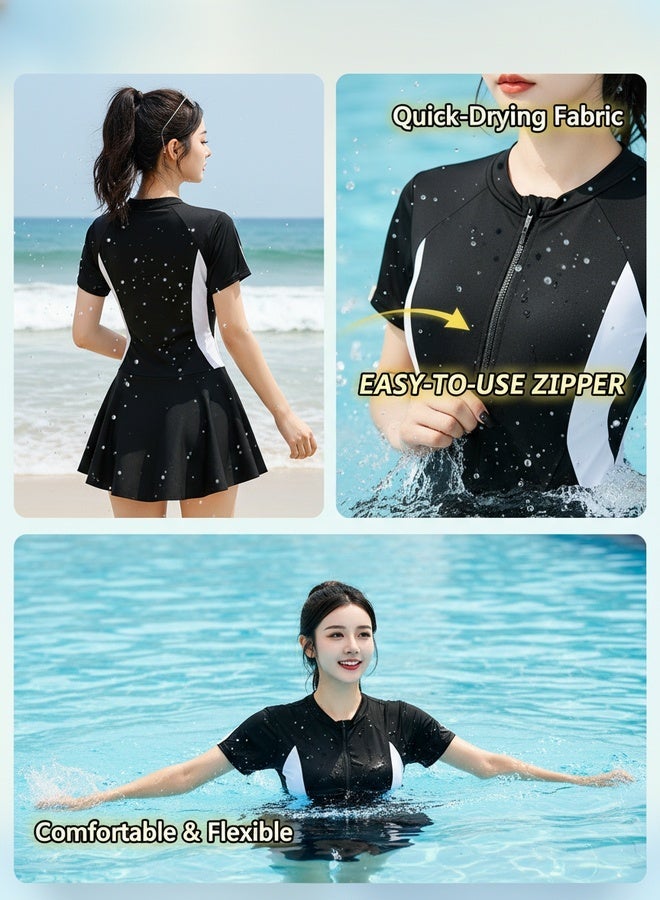 Mark Fairwhale New Spliced Short Sleeved Front Zipper One-Piece Skirt Swimsuit - Image 3