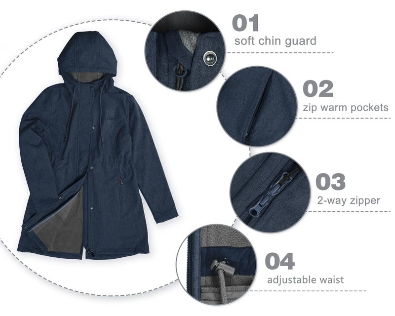 33,000ft Women's Softshell Long Jacket with Hood Fleece Lined Windproof Warm up Waterproof Windbreaker - Image 3