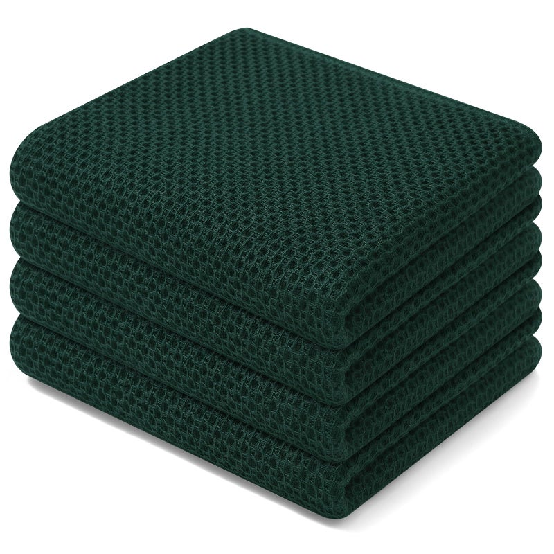 Homaxy 100% Cotton Waffle Weave Kitchen Dish Towels, Ultra Soft Absorbent Quick Drying Cleaning Towel, 13 x 28 Inches, 4-Pack, Blackish Green - Image 1