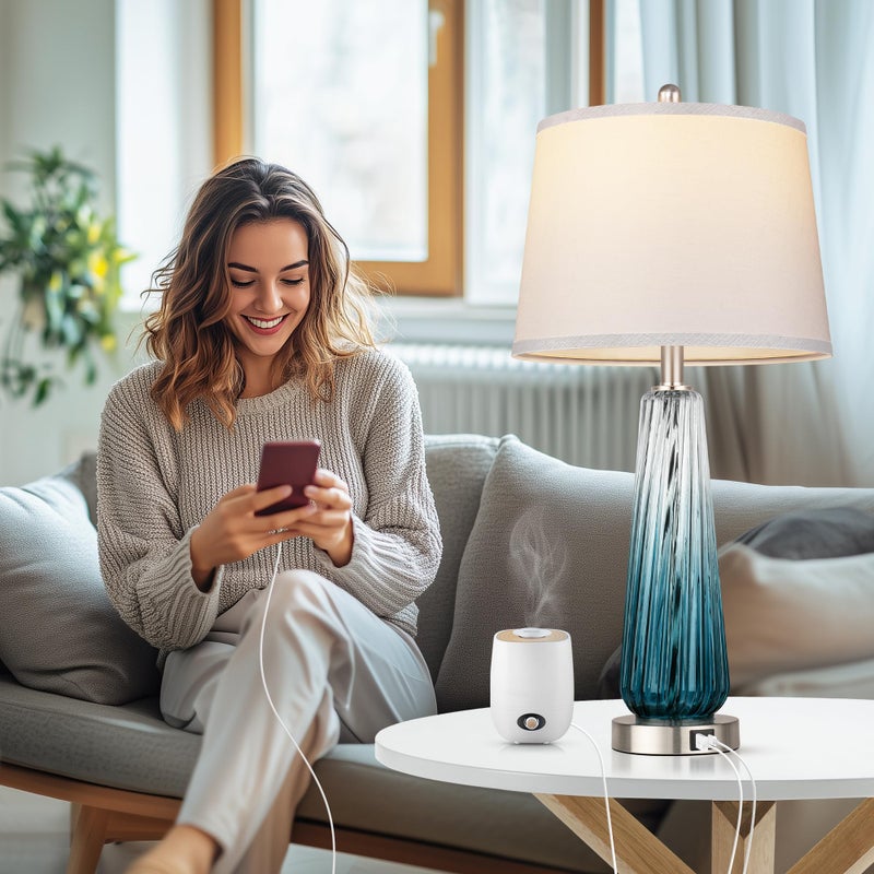 Qimh Glass Table Lamps for Living Room, Modern Bedside Lamps with USB A+C Ports, 3-Way Dimmable Touch Control Nightstand Lamp with White Linen Shade, 27.5" Large Lamps for Bedrooms Decor, Teal, 1 Pack - Image 5