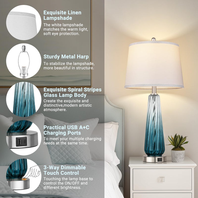 Qimh Glass Table Lamps for Living Room, Modern Bedside Lamps with USB A+C Ports, 3-Way Dimmable Touch Control Nightstand Lamp with White Linen Shade, 27.5" Large Lamps for Bedrooms Decor, Teal, 1 Pack - Image 3