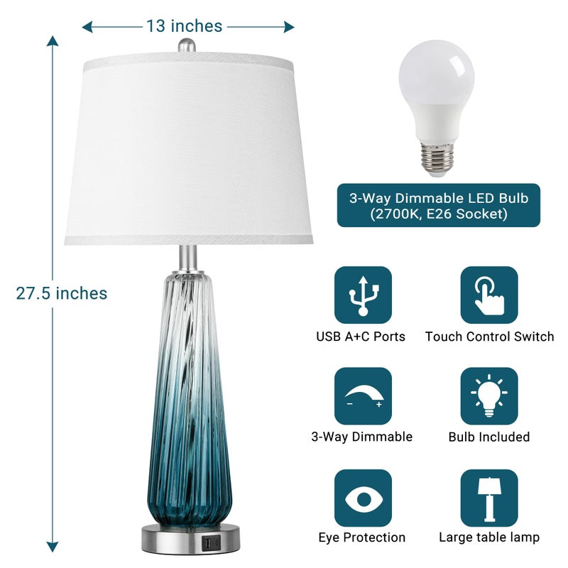 Qimh Glass Table Lamps for Living Room, Modern Bedside Lamps with USB A+C Ports, 3-Way Dimmable Touch Control Nightstand Lamp with White Linen Shade, 27.5" Large Lamps for Bedrooms Decor, Teal, 1 Pack - Image 4