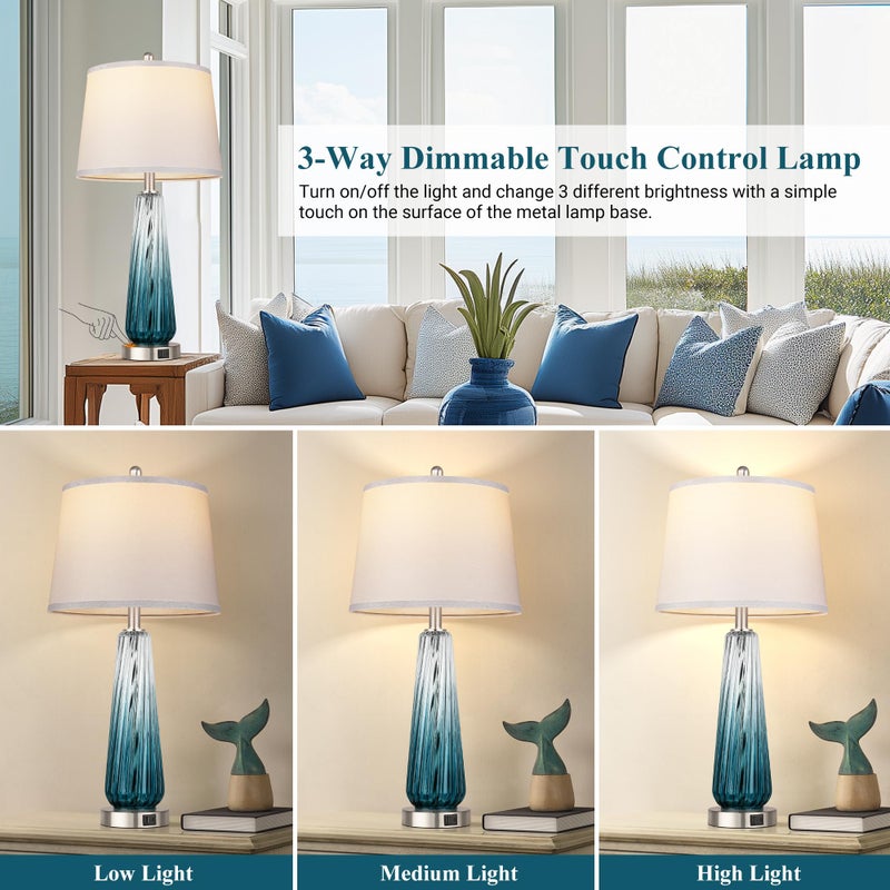 Qimh Glass Table Lamps for Living Room, Modern Bedside Lamps with USB A+C Ports, 3-Way Dimmable Touch Control Nightstand Lamp with White Linen Shade, 27.5" Large Lamps for Bedrooms Decor, Teal, 1 Pack - Image 2