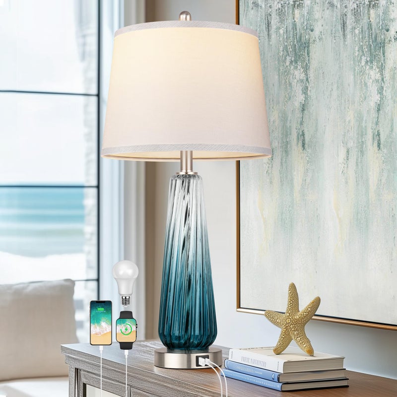 Qimh Glass Table Lamps for Living Room, Modern Bedside Lamps with USB A+C Ports, 3-Way Dimmable Touch Control Nightstand Lamp with White Linen Shade, 27.5" Large Lamps for Bedrooms Decor, Teal, 1 Pack - Image 1
