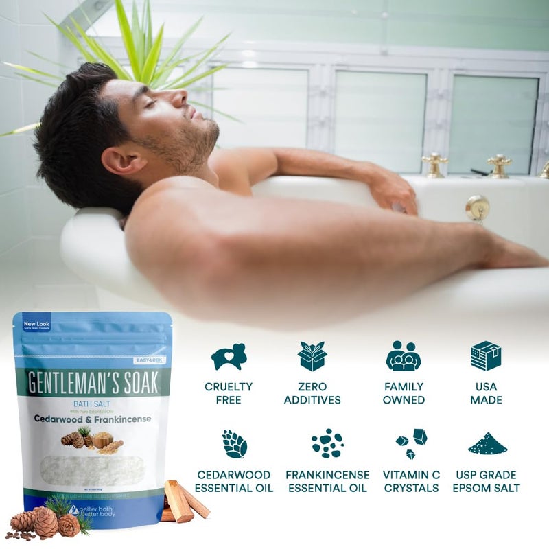 Better Bath Better Body Gentleman's Bath Salt 32 Ounces Epsom Salt with Natural Cedarwood, Frankincense, Eucalyptus and Peppermint Essential Oils Plus Vitamin C in BPA Free Pouch with Easy Press-Lock Seal - Image 3