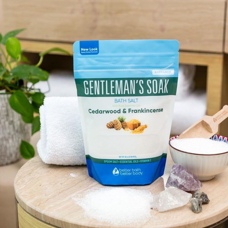 Better Bath Better Body Gentleman's Bath Salt 32 Ounces Epsom Salt with Natural Cedarwood, Frankincense, Eucalyptus and Peppermint Essential Oils Plus Vitamin C in BPA Free Pouch with Easy Press-Lock Seal - Image 4