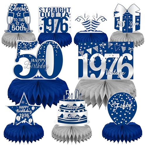 LINAYE 50th Birthday Decorations for Men Blue and Silver Honeycomb Centerpieces for 50 Year Old Birthday Party 50th Birthday Centerpieces for Table Fifty Birthday Vintage Decorations Decor - Image 1