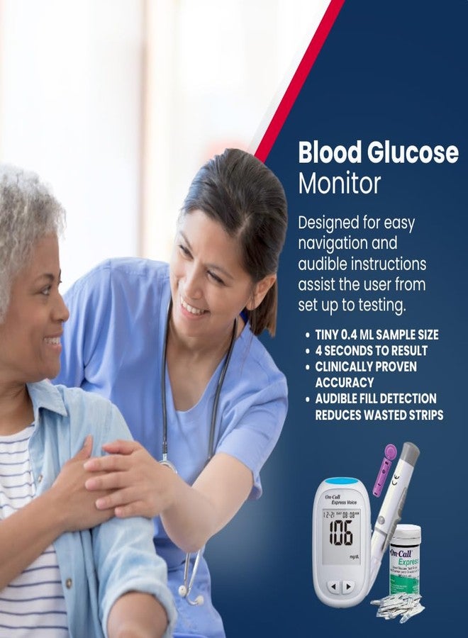 On Call Blood Glucose Monitor Meter by On-Call Express Voice, Bilingual (English/Spanish Guidance, 300 Test Storage, Large Display, Accurate Diabetic Blood Sugar Results in Seconds, Travel Case - Image 3