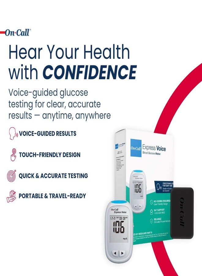 On Call Blood Glucose Monitor Meter by On-Call Express Voice, Bilingual (English/Spanish Guidance, 300 Test Storage, Large Display, Accurate Diabetic Blood Sugar Results in Seconds, Travel Case - Image 2