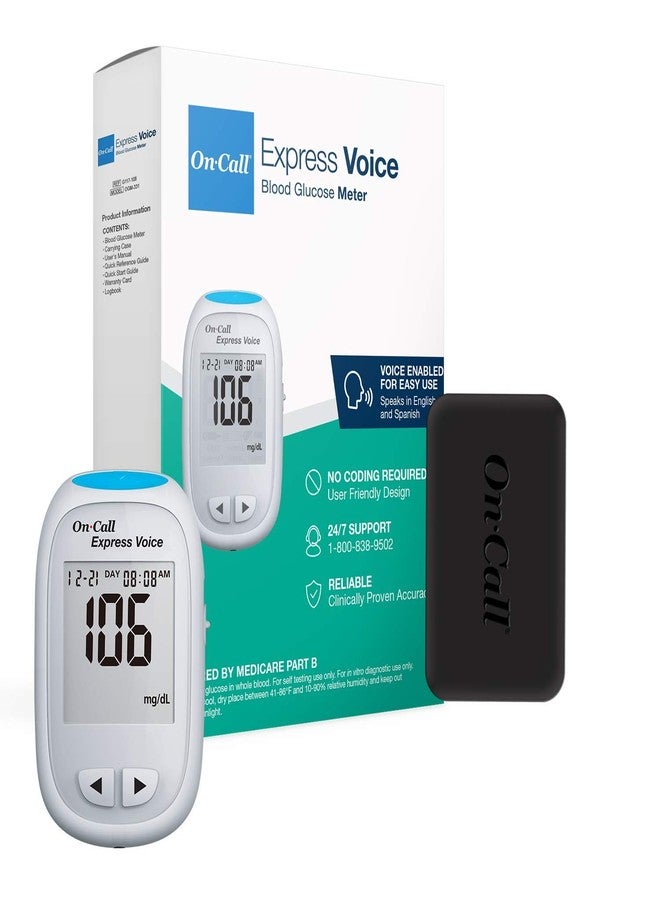 On Call Blood Glucose Monitor Meter by On-Call Express Voice, Bilingual (English/Spanish Guidance, 300 Test Storage, Large Display, Accurate Diabetic Blood Sugar Results in Seconds, Travel Case - Image 1