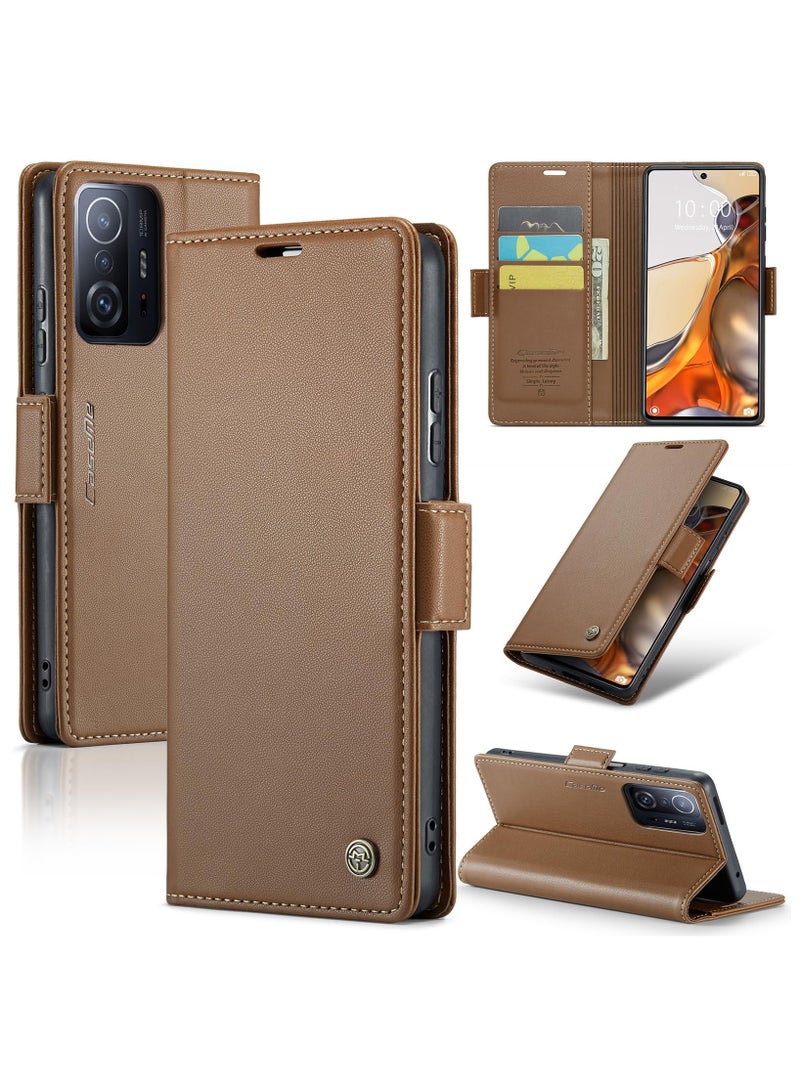 CaseMe Phone Case Luxury PU Leather Design Anti Fingerprint 023 Flip Cover Card Slot Holder Cover For Mi 11T / 11T Pro (Brown) - Image 1