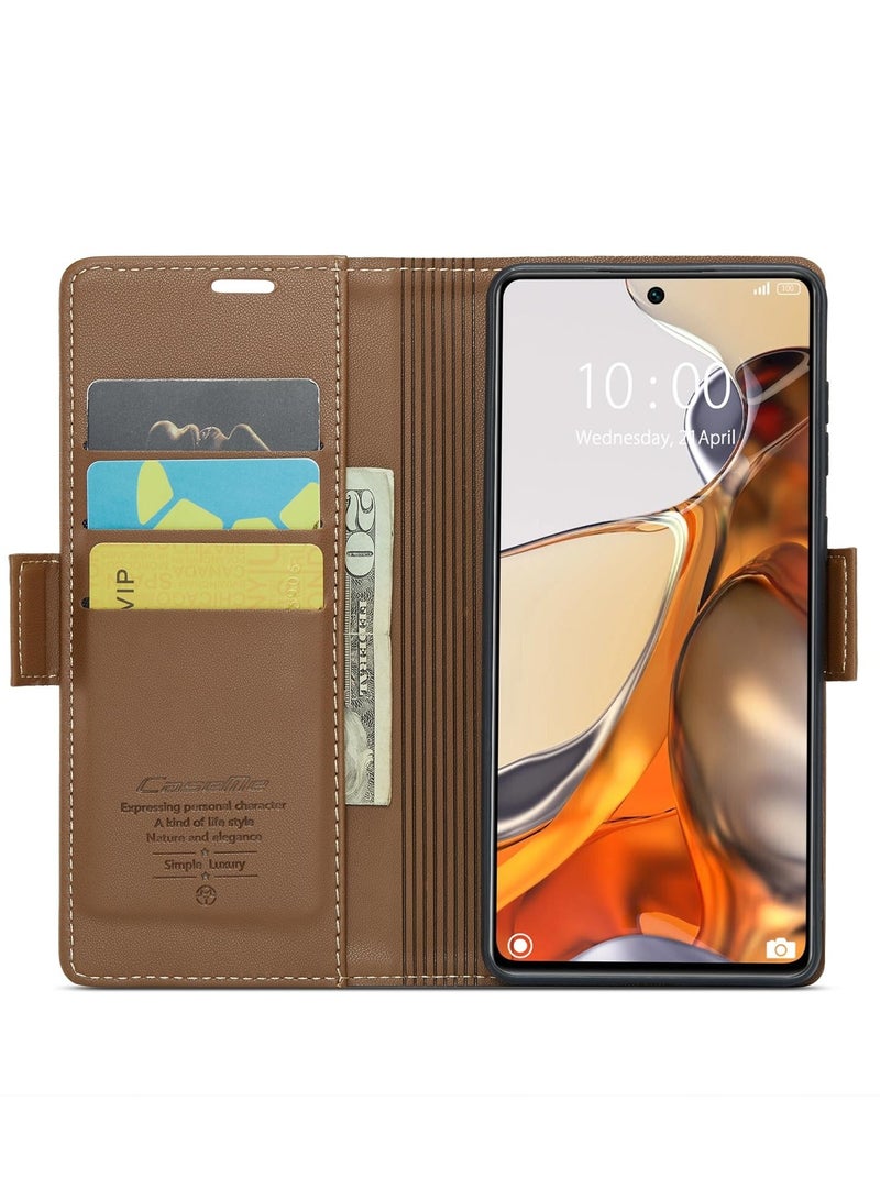 CaseMe Phone Case Luxury PU Leather Design Anti Fingerprint 023 Flip Cover Card Slot Holder Cover For Mi 11T / 11T Pro (Brown) - Image 2