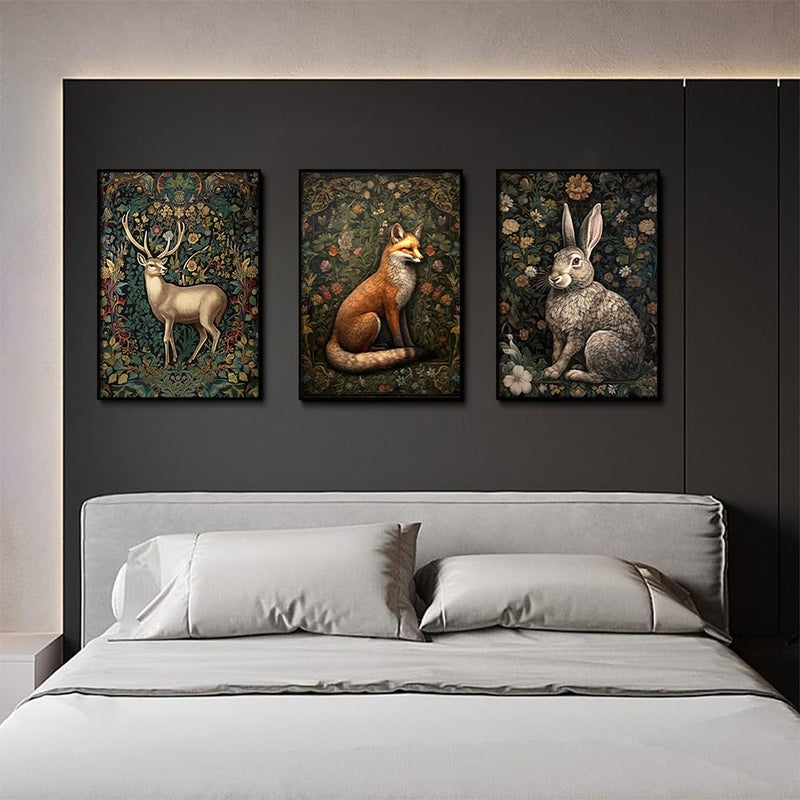 RYZQUBF 3Pcs William morris animal wall art Fox rabbit sika deer Canvas Posters Prints Forest Wild Animal Pictures Paintings Gothic Botanical Floral Oil Wall Decor for Bedroom Unframed (12""x16""x3)  - Image 5