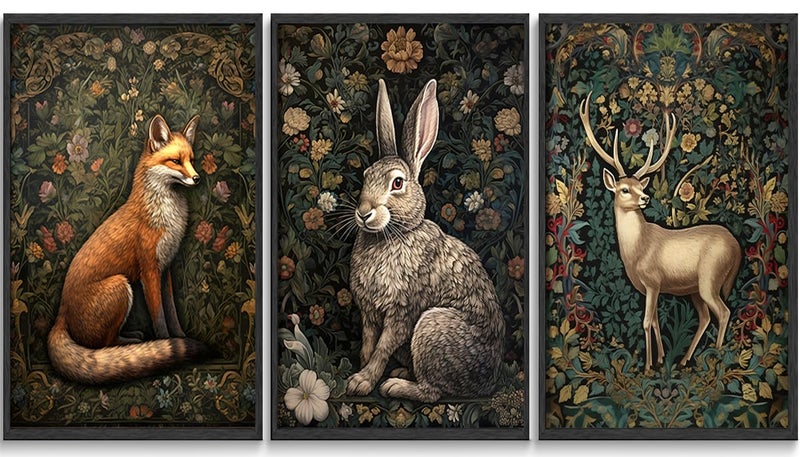 RYZQUBF 3Pcs William morris animal wall art Fox rabbit sika deer Canvas Posters Prints Forest Wild Animal Pictures Paintings Gothic Botanical Floral Oil Wall Decor for Bedroom Unframed (12""x16""x3)  - Image 1