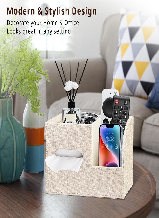 PUSU Leather Square Tissue Box Cover with Storage Tray,Cube Tissue Box Holder,Modern Facial Paper Organizer with Remote Control Holder for Bathroom,Vanity Countertop,End Table NightStand Home Office.Beige - Image 2
