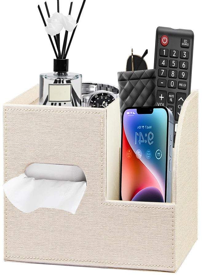 PUSU Leather Square Tissue Box Cover with Storage Tray,Cube Tissue Box Holder,Modern Facial Paper Organizer with Remote Control Holder for Bathroom,Vanity Countertop,End Table NightStand Home Office.Beige - Image 1