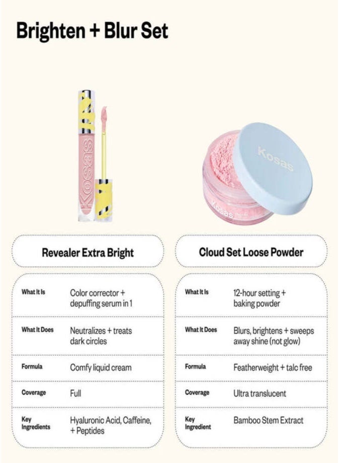 كوساس مجموعة KOSAS "Brighten & Blur" (مصحح اللون Revealer Extra Bright Illusion + بودرة تثبيت Cloud Set Loose بحجم مصغر) | مجموعة مكياج تمنح إشراقاً، وتخفي العيوب، وتدوم طويلاً. - Image 4