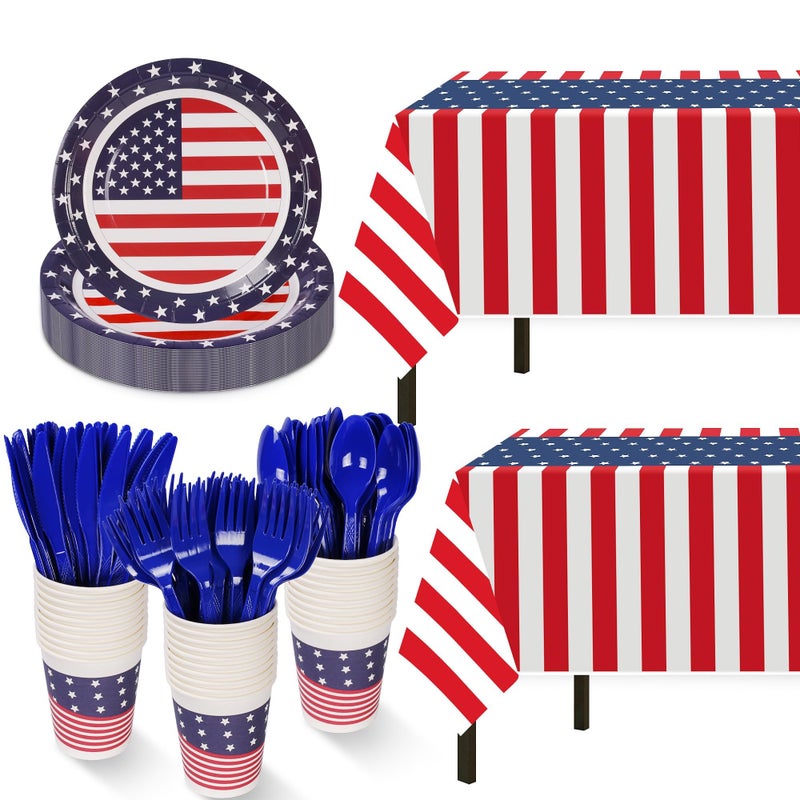 Childom Patriotic Party Supplies,152Pcs American Flag Themed Party Set, Patriotic Party Decorations, American Flag Tablecloths,4th of July Plates Cups, Red White and Blue Decor for Outside, Picnic, Memorial - Image 1