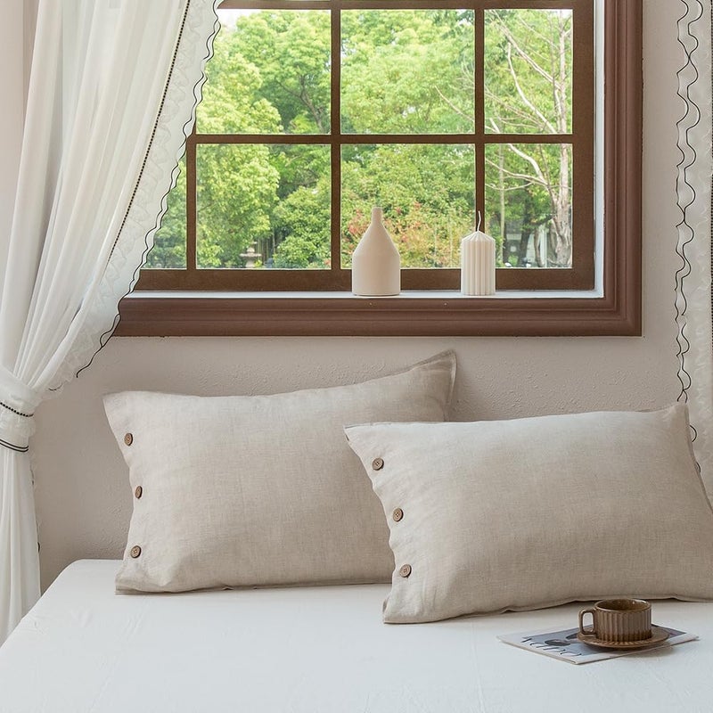 EVERLY 100% Linen Pillowcases Set of 2, French Linen from Normandy, 20X26Inch Standard Size, Natural Color, Coconut Buttons Closure, Flax Pillowshams-Pillowcase-Linen - Image 1