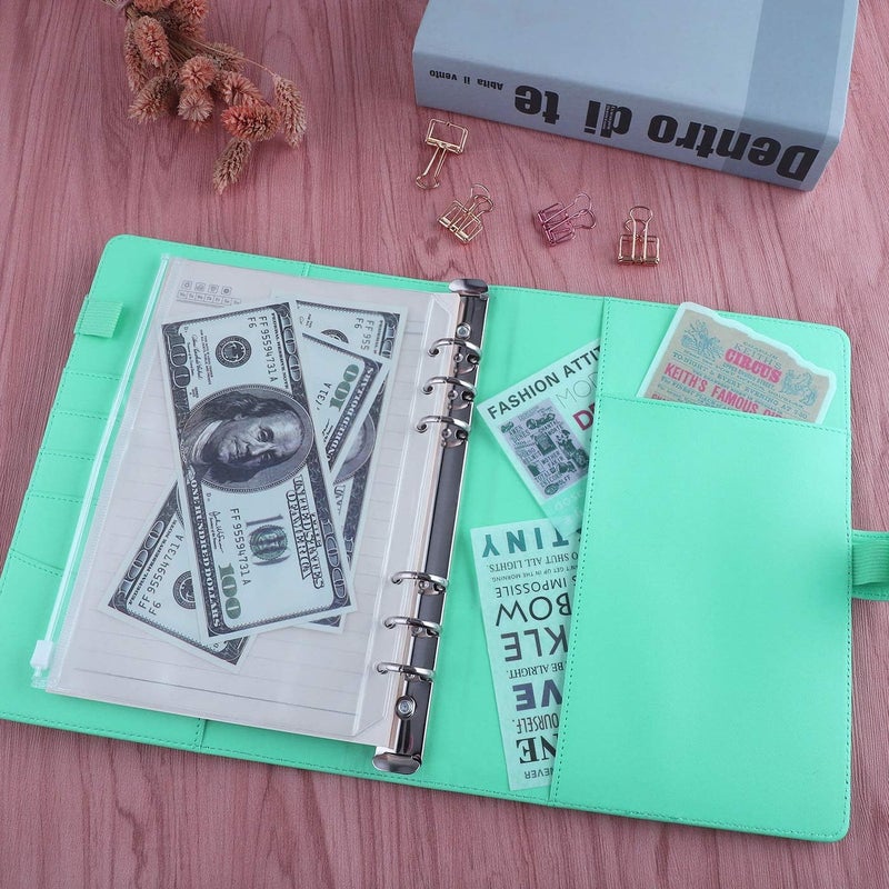 Antner A5 PU Leather Binder 6 Ring Notebook Photocard Budget Binder Cover for A5 Refill Paper, Refillable Loose Leaf Personal Planner Organizer Binder with Magnetic Buckle, Light Green - Image 4