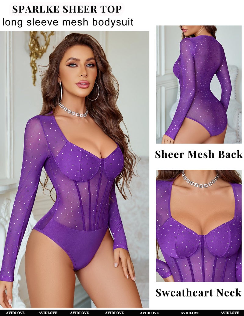 Avidlove Women Long Sleeve Bodysuit Rhinestone Body Suits Top Mesh Leotard Shirt Going Out Tops Fall Outfits - Image 3