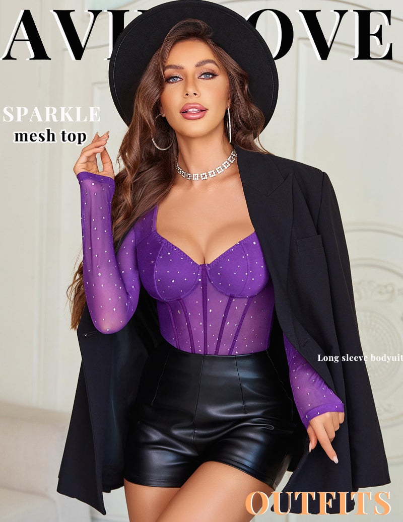 Avidlove Women Long Sleeve Bodysuit Rhinestone Body Suits Top Mesh Leotard Shirt Going Out Tops Fall Outfits - Image 4