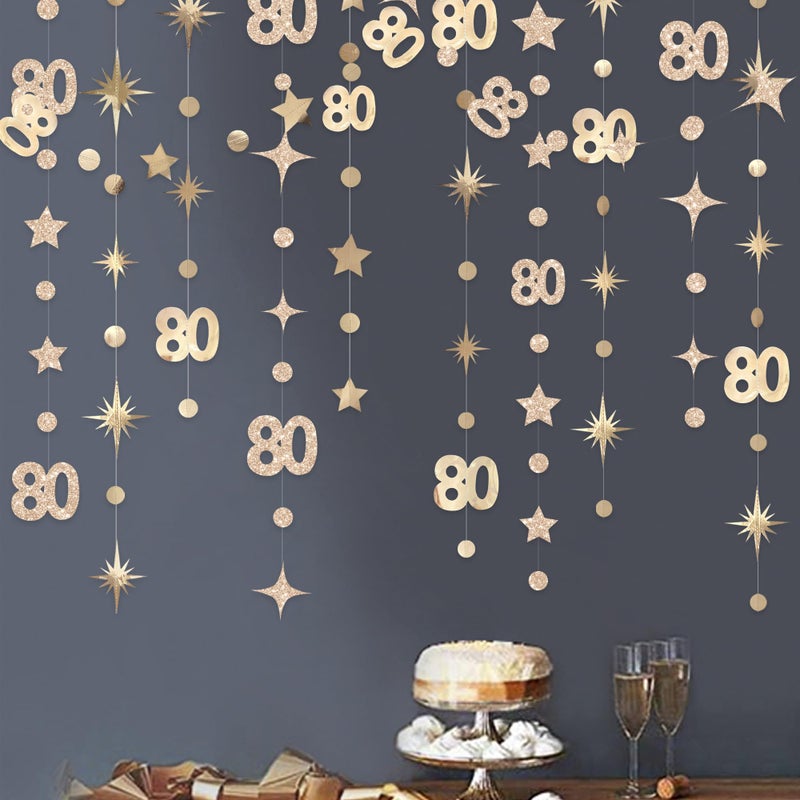 pinkblume Champagne Gold 80th Birthday Decorations Number 80 Circle Dot Star Garland Metallic Streamer Banner for Women Mens Cheers to 80 Years Old Birthday Happy 80th Anniversary Vintage 1945 Party Supplies - Image 1
