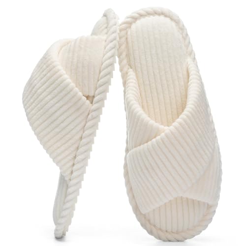 GOEWY House Slippers for Women Fuzzy Womens Slippers Indoor Outdoor Open Toe With Cross Band Corduroy Memory Foam Warm Gifts for Woman Size 7 85 Beige - Image 1