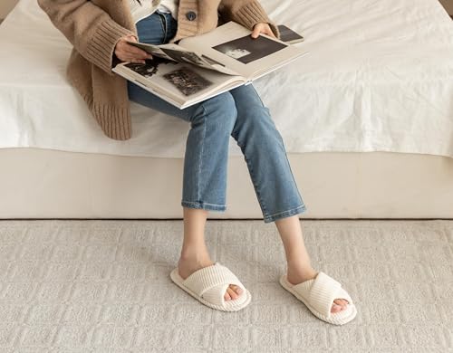 GOEWY House Slippers for Women Fuzzy Womens Slippers Indoor Outdoor Open Toe With Cross Band Corduroy Memory Foam Warm Gifts for Woman Size 7 85 Beige - Image 3