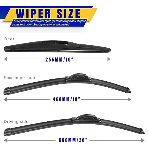 Rooppa 3 wipers Replacement for 2016-2020 2021 2022 Honda HRV HR-V, Windshield Wiper Blades Original Equipment Replacement - 26"/18"/10" (Set of 3) U/J HOOK - Image 2