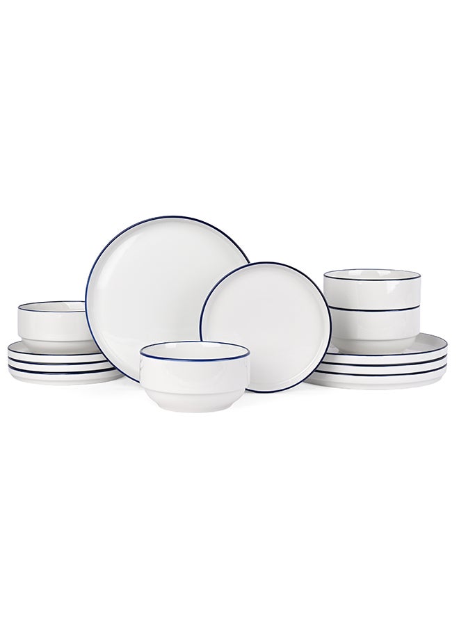Ollieroo 12 piece Porcelain Dinnerware Set, Set for 4, Microwave & Dishwasher Safe, White and Blue Rim - Image 1